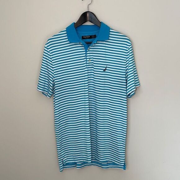 NAUTICA Men's Polo Golf‎ Shirt Striped Short Sleeve Logo Stretch Size Small Aqua - Picture 2 of 8